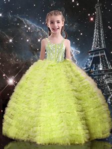 Yellow Green Tulle Lace Up Pageant Dress Wholesale Sleeveless Floor Length Beading and Ruffled Layers
