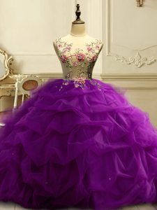 Smart Purple Ball Gowns Appliques and Ruffles and Sequins Quinceanera Gowns Lace Up Organza Sleeveless Floor Length