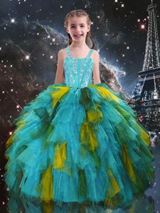 Superior Aqua Blue Short Sleeves Tulle Lace Up Little Girl Pageant Gowns for Quinceanera and Wedding Party