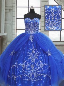 Perfect Blue Tulle Lace Up Sweetheart Sleeveless Floor Length Sweet 16 Dress Beading and Appliques