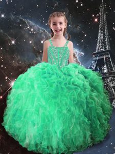 Most Popular Apple Green Ball Gowns Beading and Ruffles Pageant Dress Wholesale Lace Up Organza Sleeveless Floor Length