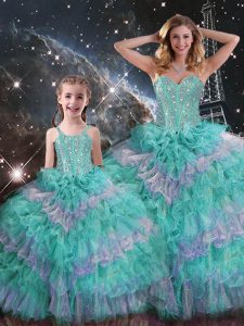 Spectacular Multi-color Lace Up Sweetheart Beading and Ruffled Layers and Sequins Sweet 16 Dress Organza Sleeveless