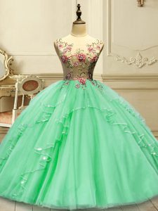 Unique Green Lace Up Quinceanera Gowns Appliques Sleeveless Floor Length