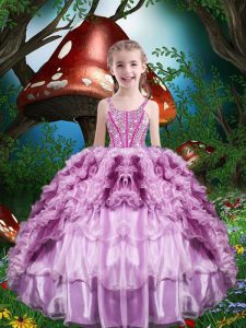 Straps Sleeveless Organza Little Girls Pageant Gowns Beading and Ruffles and Ruffled Layers Lace Up