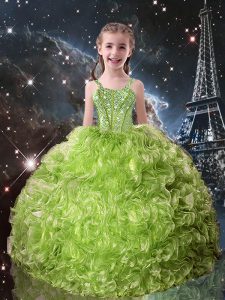 Glorious Sleeveless Organza Floor Length Lace Up Kids Pageant Dress in Olive Green with Beading and Ruffles
