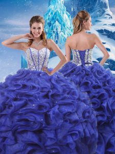 Beauteous Blue Organza Lace Up Quinceanera Dress Sleeveless Floor Length Beading and Ruffles