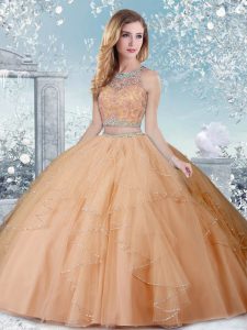 Lovely Champagne Sleeveless Tulle Clasp Handle Sweet 16 Quinceanera Dress for Military Ball and Sweet 16 and Quinceanera