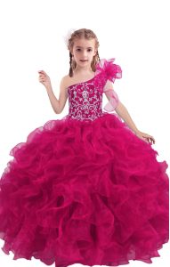 One Shoulder Sleeveless Lace Up Pageant Dress Fuchsia Organza