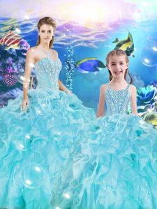 Classical Organza Sweetheart Sleeveless Lace Up Beading and Ruffles Sweet 16 Dresses in Aqua Blue