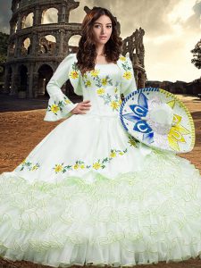 White Organza Lace Up Quinceanera Dress Long Sleeves Floor Length Embroidery and Ruffled Layers