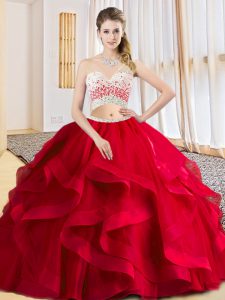 Sophisticated Red Sleeveless Tulle Criss Cross Quince Ball Gowns for Military Ball and Sweet 16 and Quinceanera