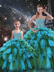 High Quality Sweetheart Sleeveless Sweet 16 Dress Floor Length Beading and Ruffles and Ruffled Layers Multi-color Organza