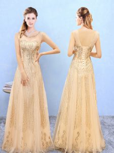 Scoop Sleeveless Quinceanera Court Dresses Floor Length Beading and Appliques Gold Organza
