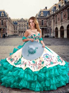 Turquoise Sleeveless Organza and Taffeta Lace Up Ball Gown Prom Dress for Military Ball and Sweet 16 and Quinceanera