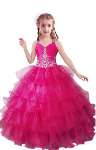 Hot Selling Fuchsia Ball Gowns Organza V-neck Sleeveless Beading and Ruffled Layers Floor Length Zipper Little Girl Pageant Gowns