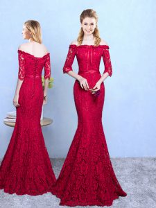 Half Sleeves Floor Length Lace Lace Up Court Dresses for Sweet 16 with Wine Red