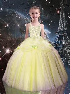 Custom Made Light Yellow Sleeveless Tulle Lace Up Pageant Dress Toddler for Quinceanera and Wedding Party