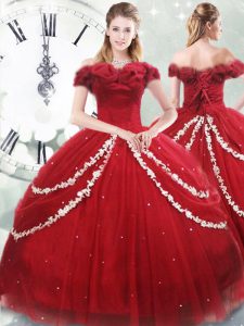 Deluxe Wine Red Sleeveless Appliques and Pick Ups Lace Up Sweet 16 Quinceanera Dress