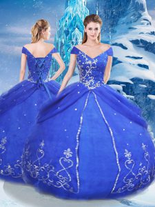 Floor Length Ball Gowns Short Sleeves Blue Vestidos de Quinceanera Lace Up