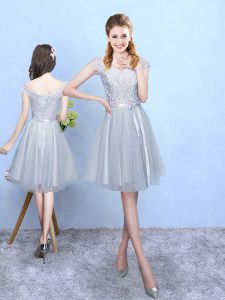 Silver Cap Sleeves Lace Knee Length Dama Dress