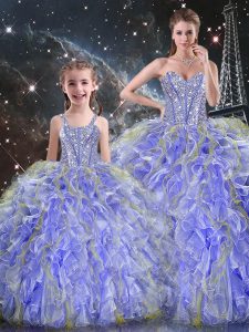High Class Lavender Ball Gowns Sweetheart Sleeveless Organza Floor Length Lace Up Beading and Ruffles Quinceanera Dresses