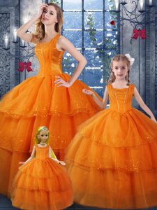 Orange Ball Gowns Ruffled Layers Quinceanera Dress Lace Up Organza Sleeveless Floor Length