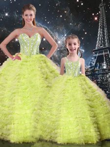 Chic Floor Length Lace Up 15 Quinceanera Dress Yellow Green for Military Ball and Sweet 16 and Quinceanera with Beading and Ruffles