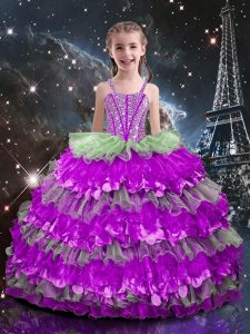 Straps Sleeveless Little Girl Pageant Dress Floor Length Beading and Ruffled Layers Multi-color Organza