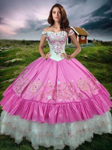 Rose Pink Off The Shoulder Lace Up Beading and Embroidery and Ruffled Layers Quinceanera Gown Sleeveless