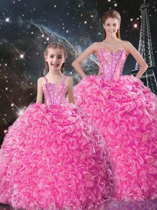 Stunning Rose Pink Sleeveless Beading and Ruffles Floor Length Quinceanera Dress