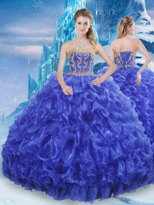 Traditional Strapless Sleeveless Lace Up Sweet 16 Quinceanera Dress Royal Blue Organza