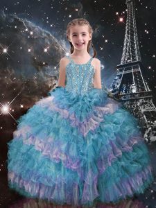 Teal Sleeveless Organza Lace Up Kids Formal Wear for Quinceanera and Wedding Party
