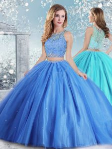 Sleeveless Floor Length Beading and Sequins Clasp Handle Sweet 16 Dresses with Baby Blue