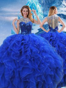 Spectacular Royal Blue Sleeveless Floor Length Ruffles and Sequins Zipper Vestidos de Quinceanera
