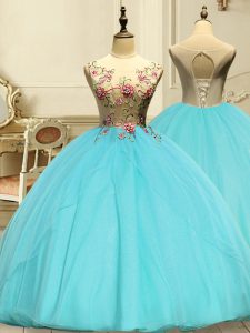 Best Selling Sleeveless Organza Floor Length Lace Up 15 Quinceanera Dress in Aqua Blue with Appliques