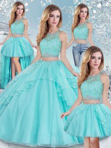 Modern Aqua Blue Ball Gowns Scoop Sleeveless Tulle Floor Length Clasp Handle Lace and Sequins Quinceanera Gowns