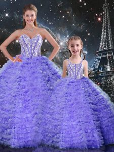 Perfect Lavender Ball Gowns Beading and Ruffles Quince Ball Gowns Lace Up Tulle Sleeveless Floor Length