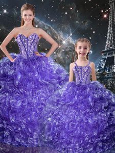 Purple Sleeveless Floor Length Beading and Ruffles Lace Up Quince Ball Gowns