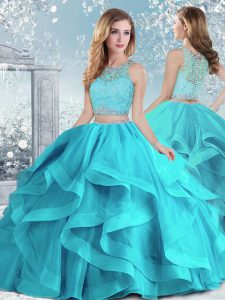 Floor Length Clasp Handle Quinceanera Dress Aqua Blue for Military Ball and Sweet 16 and Quinceanera with Beading and Ruffles
