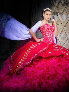 Pretty Hot Pink Sleeveless Embroidery and Ruffles Lace Up Quinceanera Dress