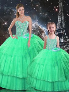 Captivating Apple Green Organza Lace Up Quinceanera Gowns Sleeveless Floor Length Ruffled Layers