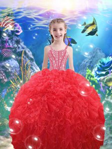 Organza Straps Sleeveless Lace Up Beading and Ruffles Kids Pageant Dress in Coral Red