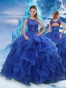 Blue Ball Gowns Organza Scoop Sleeveless Beading and Ruffles Floor Length Lace Up Quinceanera Dresses