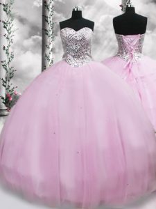 Lilac Tulle Lace Up Sweet 16 Dresses Sleeveless Brush Train Beading