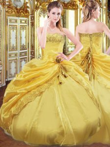 Exquisite Gold Lace Up Strapless Beading and Pick Ups Sweet 16 Dresses Taffeta Sleeveless
