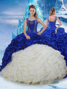 Noble Blue And White Taffeta Lace Up 15th Birthday Dress Sleeveless Brush Train Ruffled Layers and Pick Ups