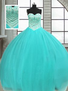 Fashion Tulle Sweetheart Sleeveless Lace Up Beading Ball Gown Prom Dress in Turquoise