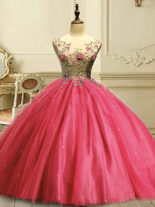 Coral Red Sleeveless Tulle Lace Up 15th Birthday Dress for Military Ball and Quinceanera