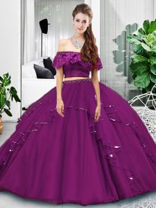 Eggplant Purple Tulle Lace Up Off The Shoulder Sleeveless Floor Length Quinceanera Gown Lace and Ruffles