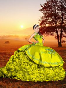 Sweetheart Sleeveless Quinceanera Gown Brush Train Embroidery and Ruffles Yellow Green Organza